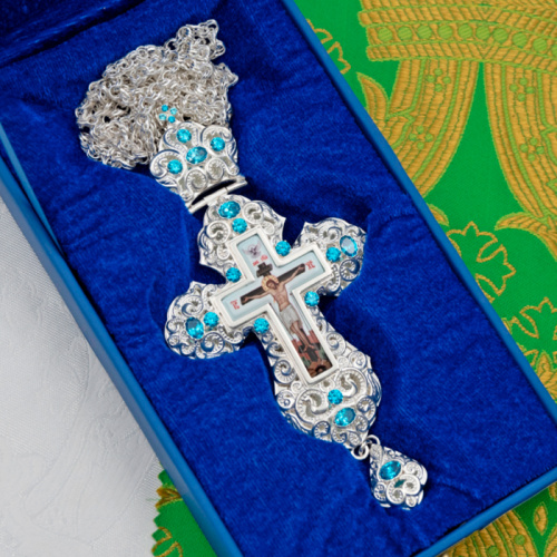 Крест наперсный из ювелирного сплава в серебрении с цепью, фианиты, 8х17,7 см фото 6