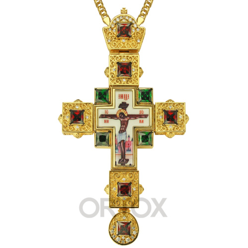 Крест наперсный с украшениями, латунь, фиолетовые фианиты, высота 18 см фото 2