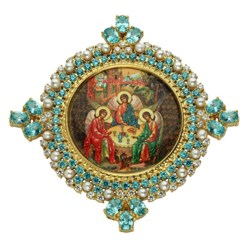 Накладка на митру "Троица" из ювелирного сплава в позолоте, с фианитами и искусственным жемчугом, №14 фото 2