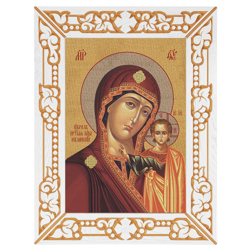 Икона Божией Матери "Казанская", в узкой резной раме, белая с золотом (патина), холст с золочением, ширина рамы 7 см фото 2