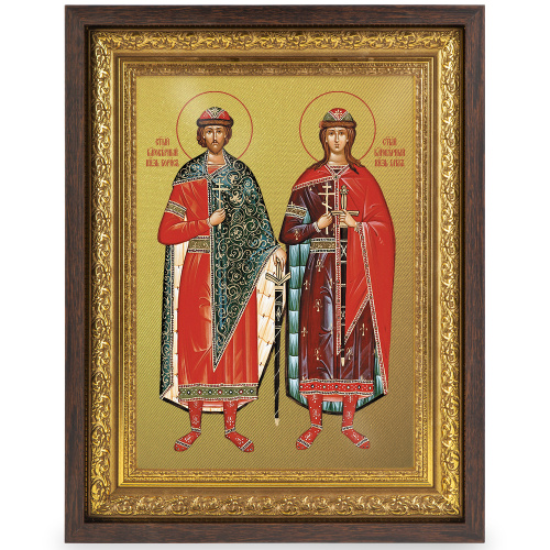 Икона благоверных князей-страстотерпцев Бориса и Глеба, в широком багете, цвет "темный дуб", на холсте, с золочением фото 2