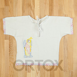 Рубашка для крещения на младенца (1 год), белая, фланель, вышивка (розовое кружево)