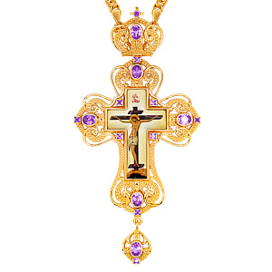 Крест наперсный латунный в позолоте с цепью, фианиты, 7,5х15 см (фиолетовые фианиты)