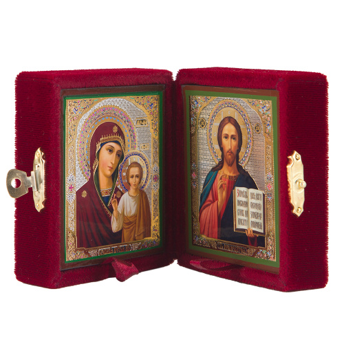 Складень венчальный с ликами Спасителя и Божией Матери "Казанская", 7,5х8,5 см, бархат фото 3