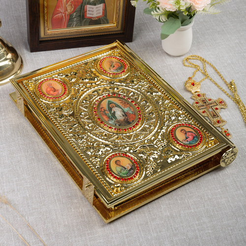 Оклад для Евангелия напрестольного, цинковый сплав, цвет "под золото", камни, 25х5х35 см фото 3