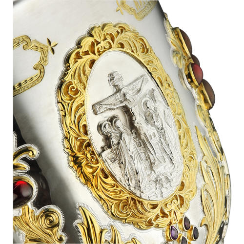 Потир "Богородичный" на 3 л, серебряный, с фрагментарной позолотой, с аметистами и корундами фото 2 Потир "Богородичный" на 3 л, серебряный, с фрагментарной позолотой, с аметистами и корундами фото 2