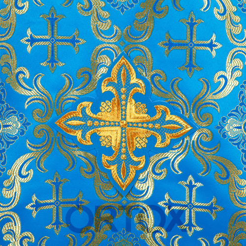Накидка на аналой "Крест" голубая, шелк "Николаевский", золотая тесьма, бахрома, 45,5х200 см фото 3