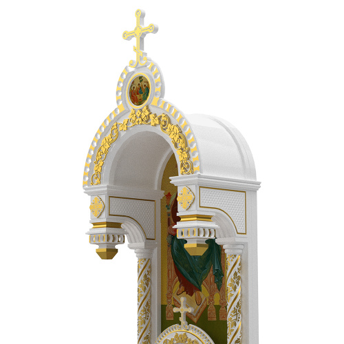 Архиерейский трон с сенью "Романовский" белый с золотом (поталь), 113х89х351 см фото 6