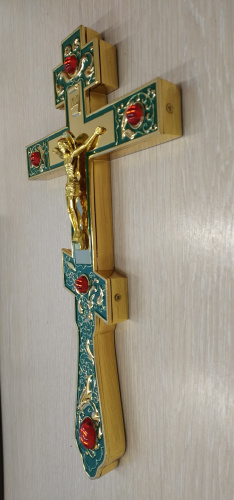 Крест напрестольный латунный, зеленая эмаль, красные камни, 14х26 см, У-0025 фото 2