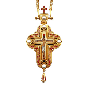 Крест наперсный латунный в позолоте с эмалью, с цепью, 6,9х15 см (средний вес 181 г)