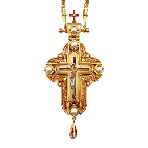 Крест наперсный латунный в позолоте с эмалью, с цепью, 6,9х15 см