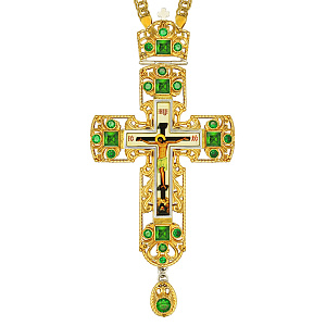 Крест наперсный из ювелирного сплава в позолоте с цепью, зеленые фианиты, 8х17 см (с цветной печатью)