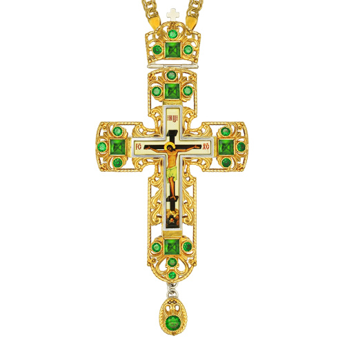 Крест наперсный из ювелирного сплава в позолоте с цепью, зеленые фианиты, 8х17 см