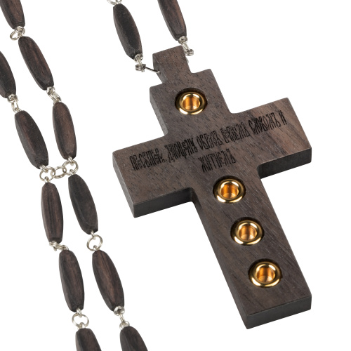 Крест наперсный протоиерейский деревянный темный резной, с цепью и мощевиками, 7х12 см фото 5
