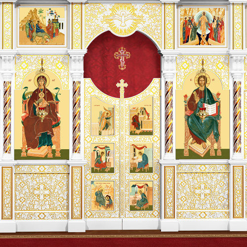 Иконостас деревянный резной "Владимирский" двухъярусный белый с золотом (патина), 690х528х40 см фото 5