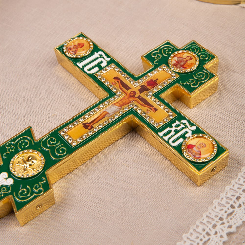 Крест напрестольный, цинковый сплав, зеленая эмаль, камни, 14,5х26 см фото 6