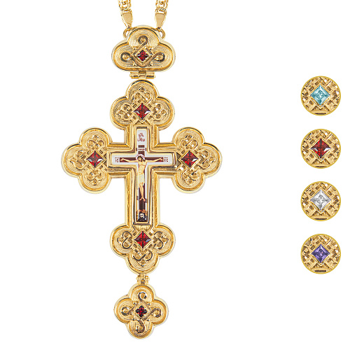 Крест наперсный из ювелирного сплава в позолоте с цепью, фианиты, 7,5х14,5 см