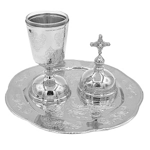 Елейница / чаша для елеопомазания из ювелирного сплава с тарелочкой, серебрение, фианиты (белые фианиты)