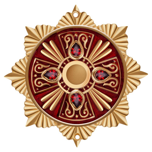 Мощевик накладной из ювелирного сплава в позолоте с красной эмалью и фианитами, Ø 63/16 мм