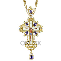 Крест наперсный из латуни с цепью, 8х17 см, позолота, фиолетовые камни