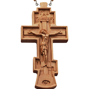 Крест наперсный деревянный резной, с цепью, 6,5х12 см (защитный лак)