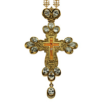 Крест наперсный серебряный, с цепью, в позолоте, белые фианиты, высота 18 см