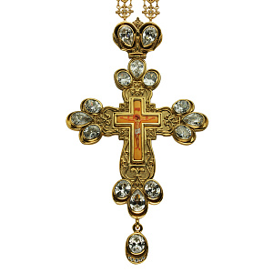 Крест наперсный серебряный, с цепью, в позолоте, белые фианиты, высота 18 см (вес 312,92 г)