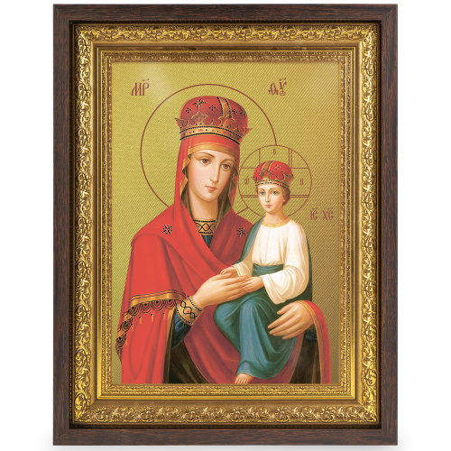 Икона Божией Матери "Споручница Грешных", в широком багете, цвет "темный дуб", на холсте, с золочением фото 2