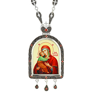 Панагия с иконой Богородицы "Владимирская" 6х12 см, с цепью (красные камни)
