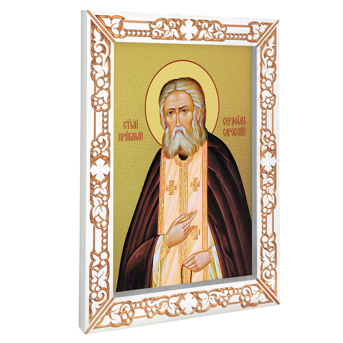 Икона преподобного Серафима Саровского, в узкой резной раме, белая с золотом (патина), на холсте Икона преподобного Серафима Саровского, в узкой резной раме, белая с золотом (патина), на холсте