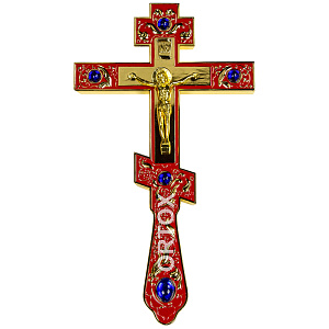 Крест напрестольный латунный красный, 14х26 см, синие камни (распятие из латуни)