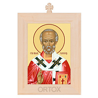 Икона святителя Николая Чудотворца в рамке с крестом, цвет "натуральное дерево"
