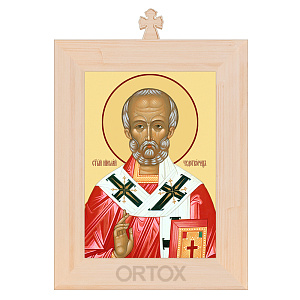Икона святителя Николая Чудотворца в рамке с крестом, цвет "натуральное дерево" (7,4х10,5 см (А7))