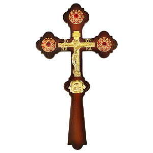 Крест напрестольный латунный в позолоте на дереве, фианиты, эмаль (в кожвиниловой упаковке)