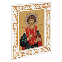 Икона великомученика и целителя Пантелеимона, в узкой резной раме, белая с золотом (патина), холст с золочением, ширина рамы 7 см