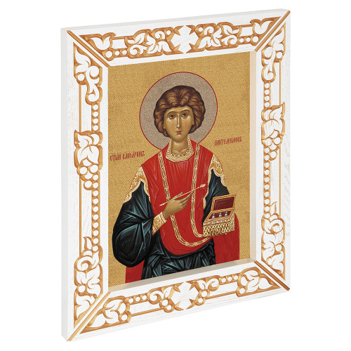 Икона великомученика и целителя Пантелеимона, в узкой резной раме, белая с золотом (патина), холст с золочением, ширина рамы 7 см