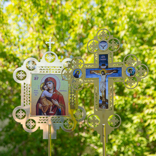 Запрестольные крест и икона с ликами Спасителя и Божией Матери "Феодоровская", комплект, латунь фото 8
