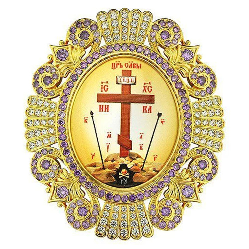 Накладки на митру (комплект из 4 штук) из ювелирного сплава в позолоте, с фианитами, №9 фото 5