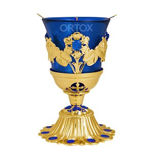 Лампада настольная латунная, позолота, 9х13,5 см (синий стаканчик)