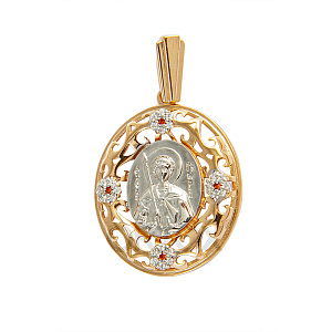 Образок серебряный с ликом великомученика Георгия Победоносца, позолота, родирование, с фианитами (красные фианиты)