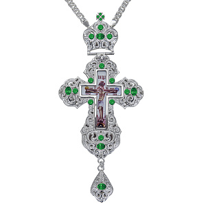 Крест наперсный из ювелирного сплава в серебрении с цепью, фианиты, 8х17,7 см (зеленые фианиты)