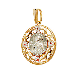 Образок серебряный с ликом блаженной Ксении Петербургской, позолота, родирование, с фианитами (красные фианиты)