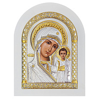 Икона греческая Божией Матери "Казанская", арочной формы на белой деревянной основе, металлический о