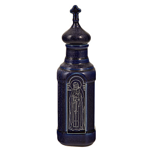 Сосуд для святой воды "Св. Серафим Саровский", синяя глазурь, серебристый узор (керамика)