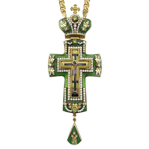 Крест наперсный латунный в позолоте с цепью, с эмалью и фианитами, 6х15 см фото 6