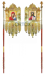 Хоругви комплект с иконами Иисуса Христа и Божией Матери "Казанская", 55х110 см (желтый)