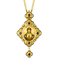 Панагия с иконой Богородицы Знамение 9х16 см, с цепью, красные камни