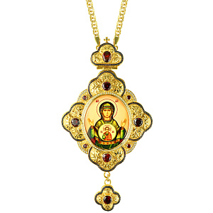 Панагия с иконой Богородицы Знамение 9х16 см, с цепью, красные камни (позолота)