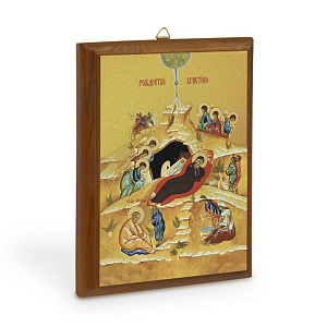 Икона Рождества Христова на деревянной основе, цвет "кипарис", на холсте с золочением (9х12 см (под икону А7))
