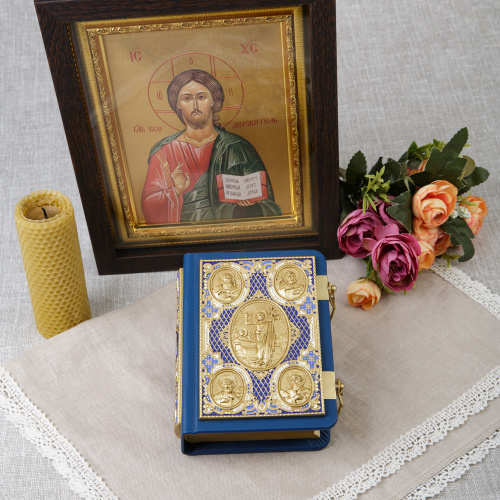 Евангелие требное малое синее, оклад "под золото", кожа, эмаль, 12х16 см фото 6